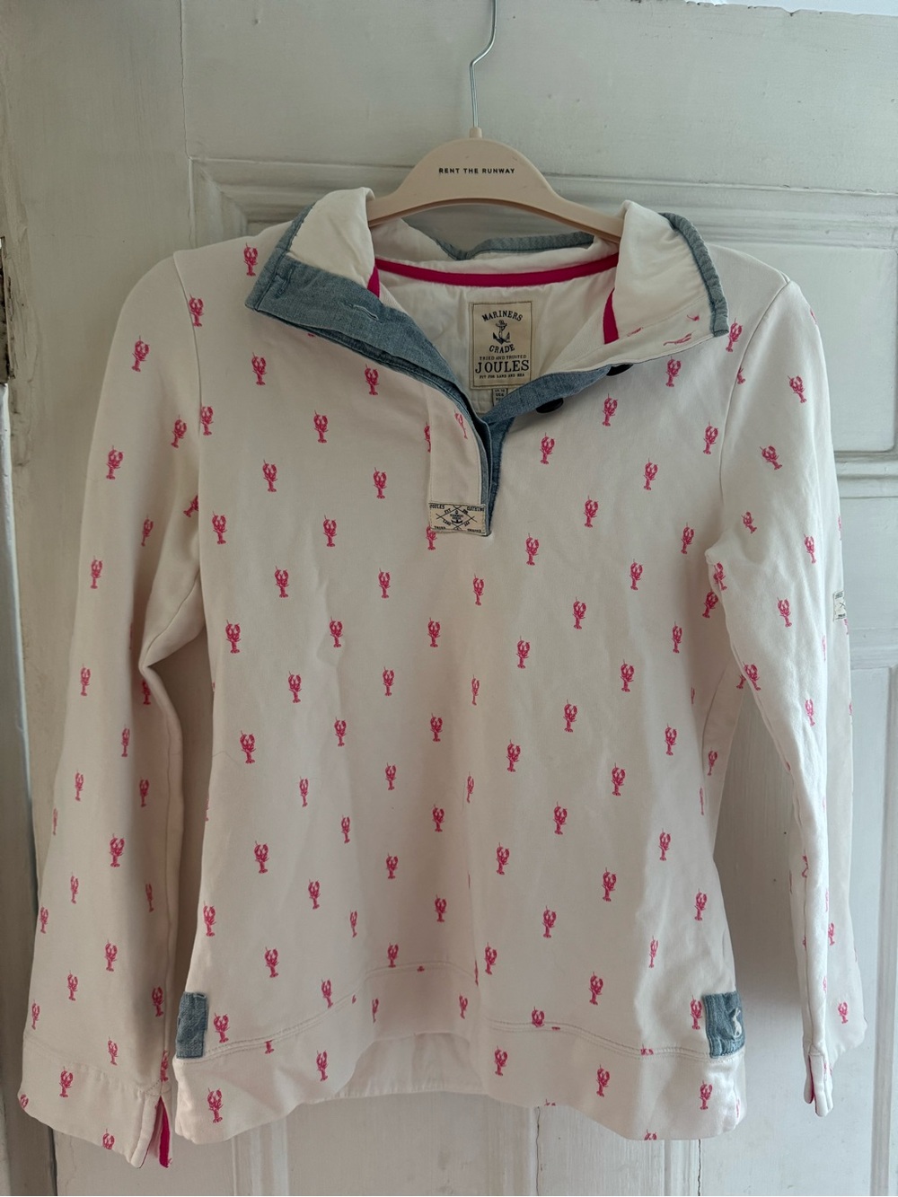 Joules White Pullover with Pink Lobsters and Denim-Effect Collar
